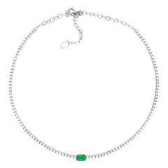 Diamond Choker with a Natural Emerald Gem-stone in 14k White and Natural Diamond