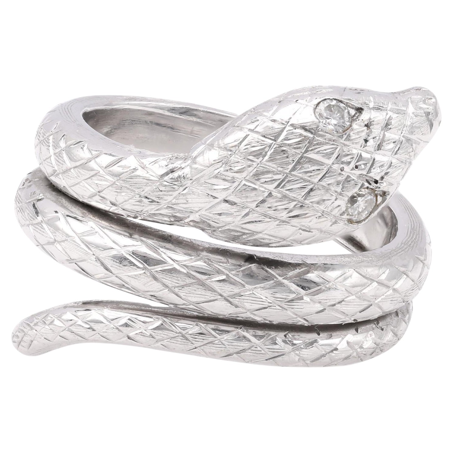 One Mid-Century Austrian Diamond 14k White Gold Snake Ring. For Sale