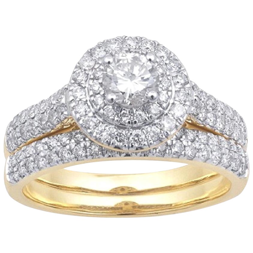 TJD 1.00 Carat Round Diamond 18Karat Yellow Gold Double Halo Bridal Set For Sale