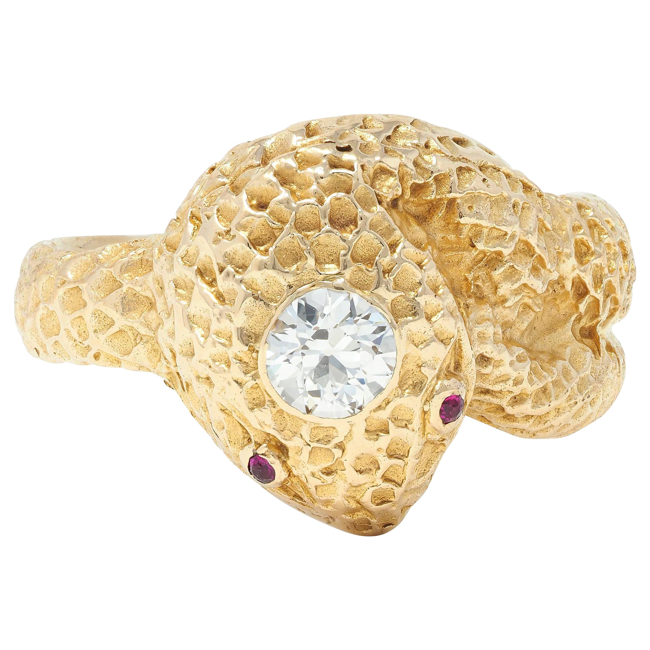 Victorian Old European Cut Diamond Ruby 10 Karat Yellow Gold Antique Snake Ring For Sale
