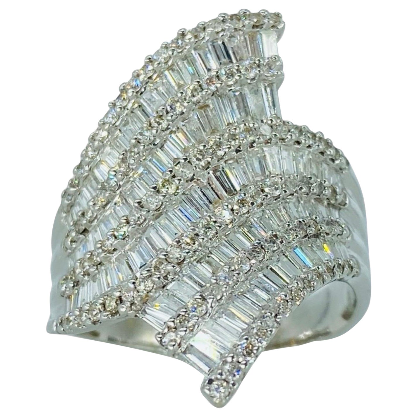 Signed 2.51 Carat Baguette Cut Diamonds 5-Row Ring 18k White Gold For Sale