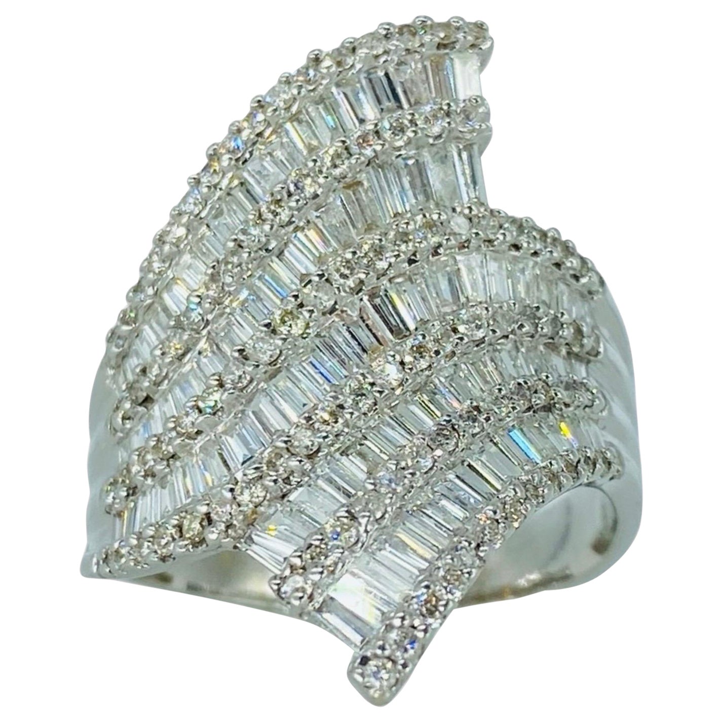 Signed 2.51 Carat Baguette Cut Diamonds 5-Row Ring 18k White Gold