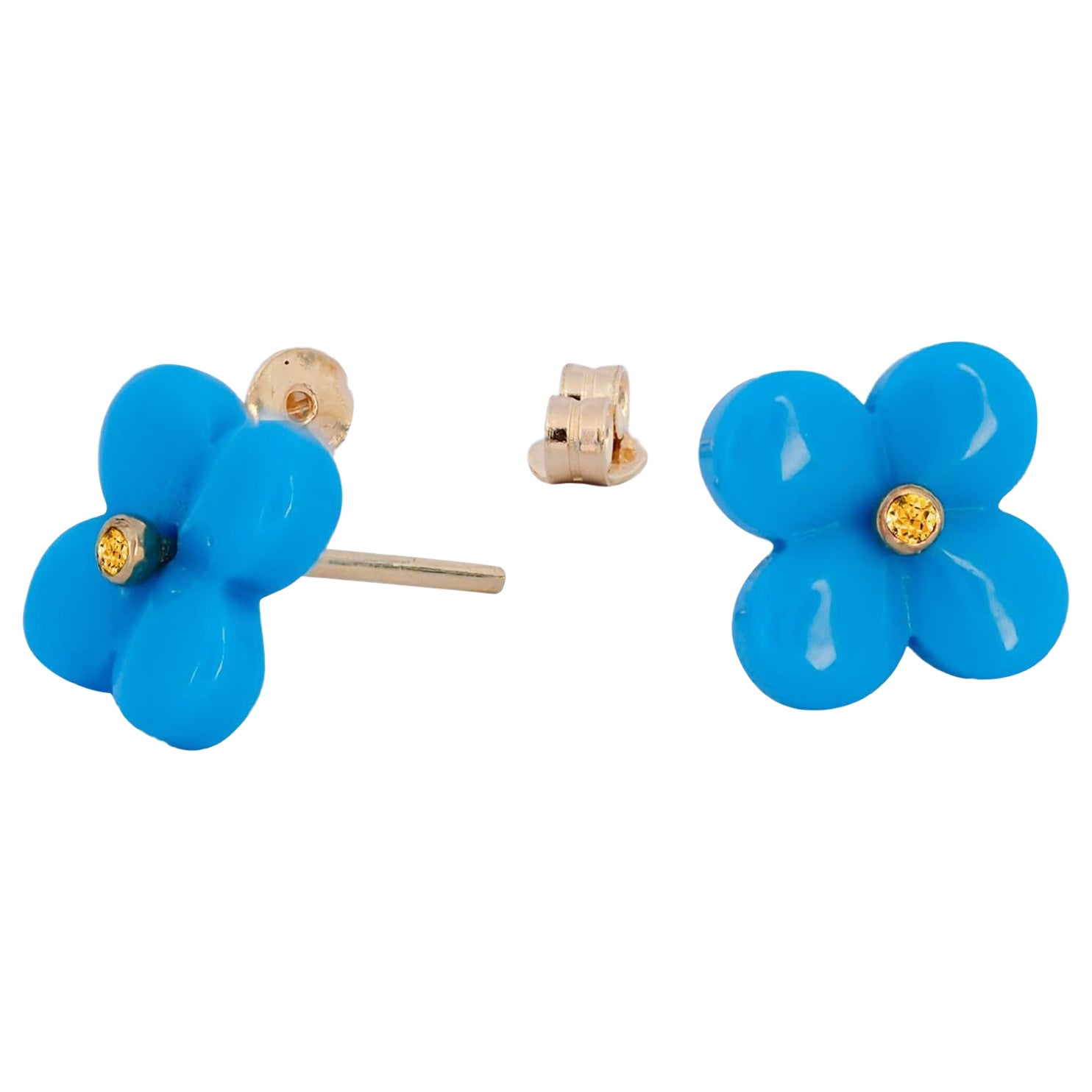14k gold carved turquoise flower earrings studs.  For Sale