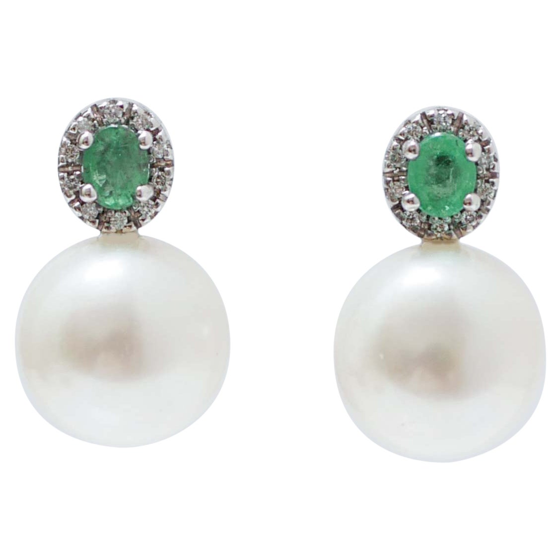 White Pearls, Emeralds, Diamonds, 14 Karat White Gold Earrings. For Sale