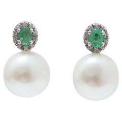 Vintage White Pearls, Emeralds, Diamonds, 14 Karat White Gold Earrings.