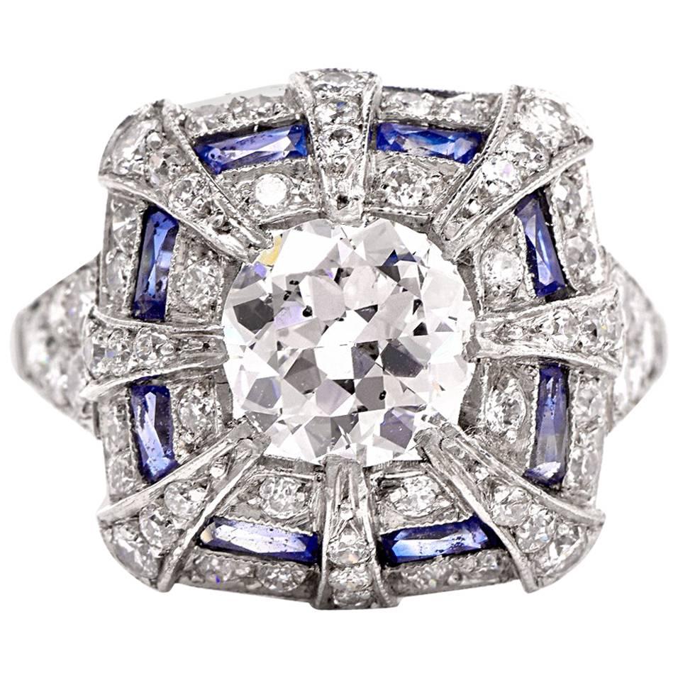  1930's Sapphire Diamond Platinum Engagement Ring