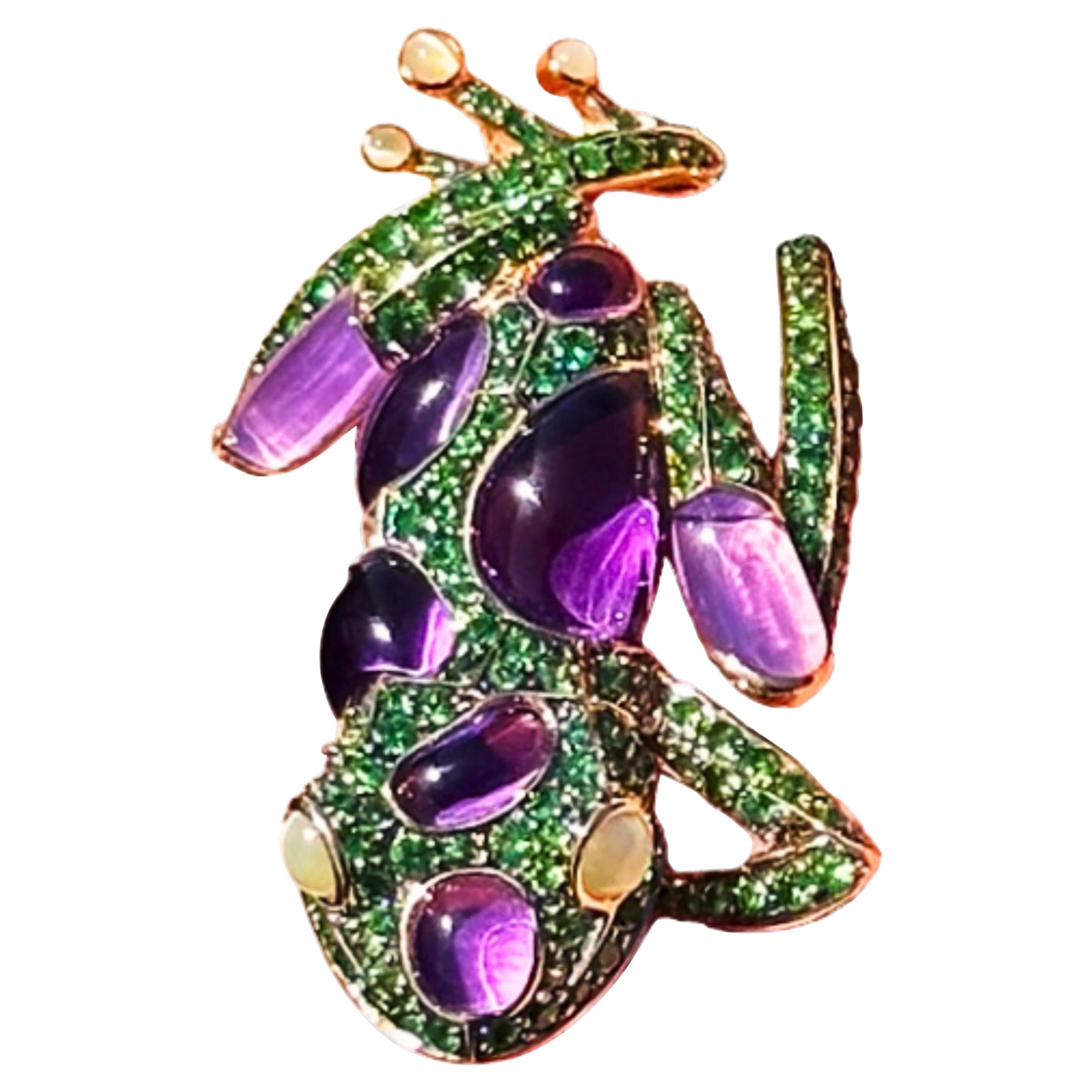 Lucky Frog Amethyst Cat Eye Tsavorite 18K Yellow Gold Exclusive Ring For Sale
