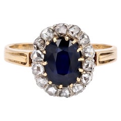 Antique 19th Century Sapphire Diamonds 18 Karat Yellow Gold Platinum Daisy Ring
