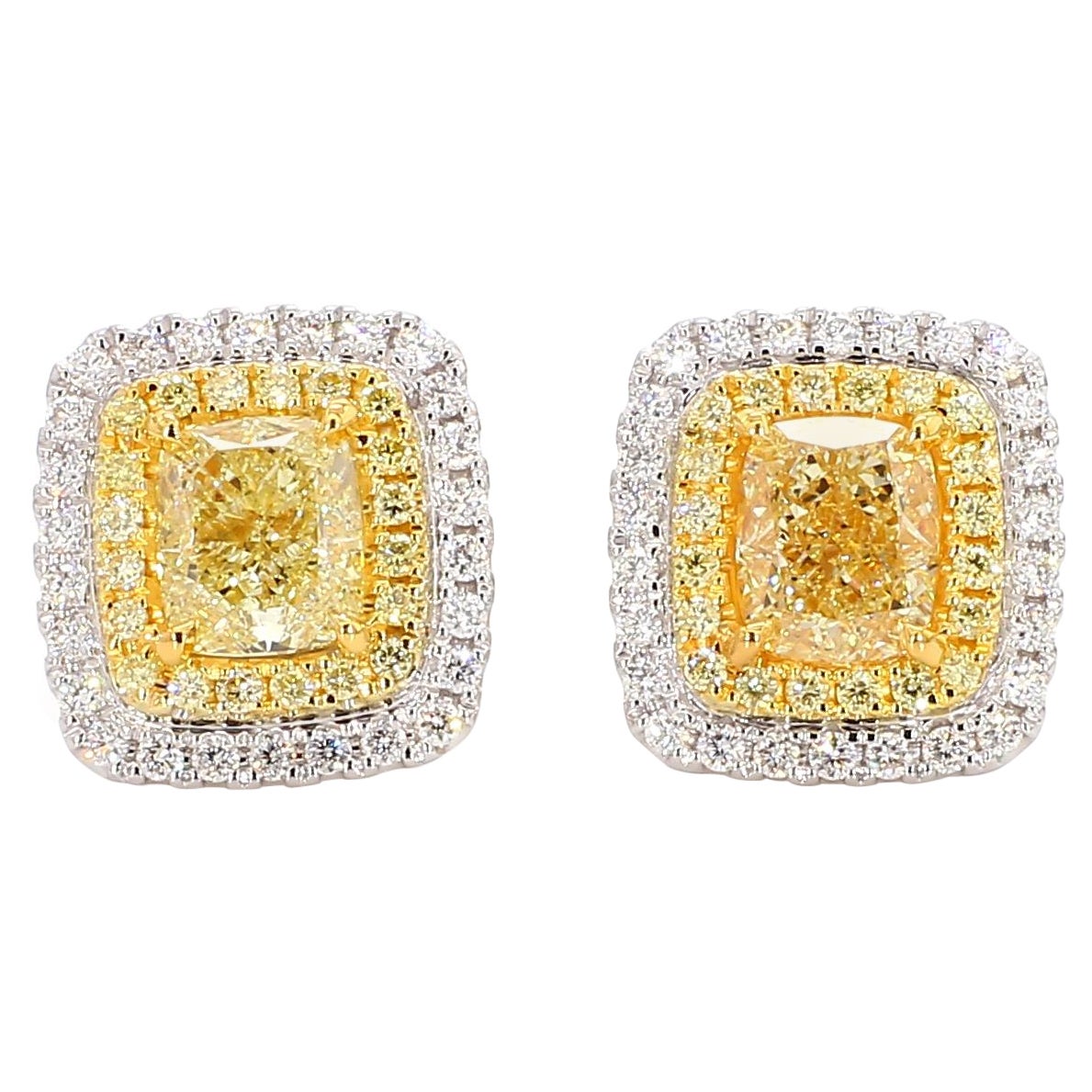 GIA Certified Natural Yellow Cushion Diamond 3.02 Carat TW Gold Stud Earrings For Sale