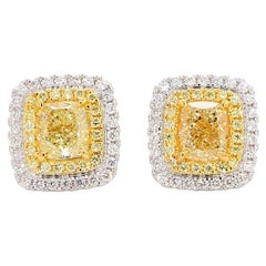 GIA Certified Natural Yellow Cushion Diamond 3.02 Carat TW Gold Stud Earrings