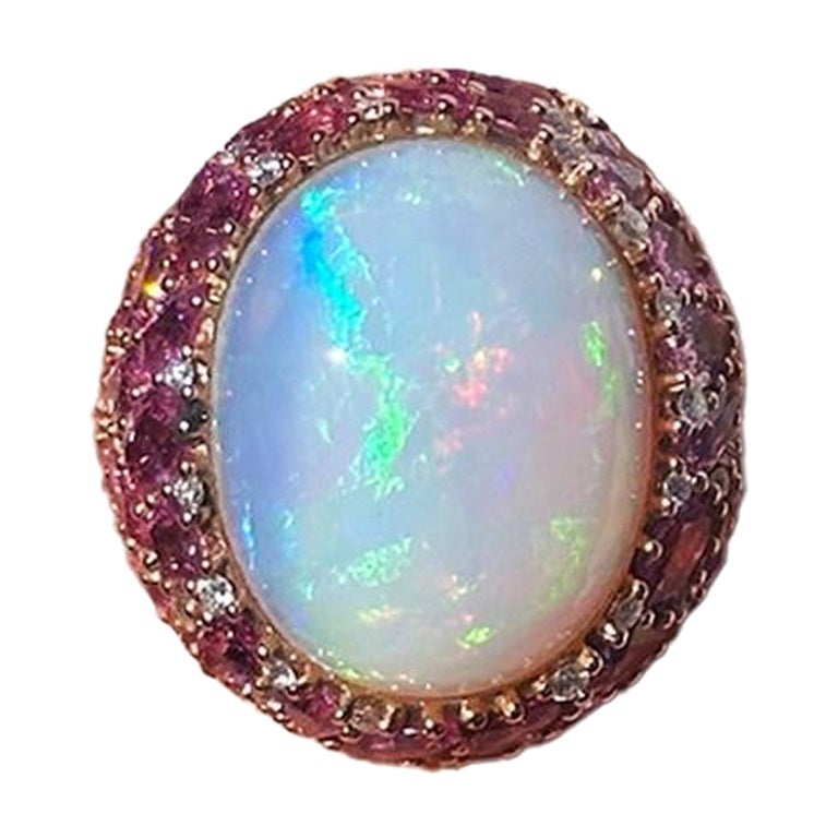 Chic Pink Sapphire Opal Diamonds 18K Yellow Exclusive Ring
