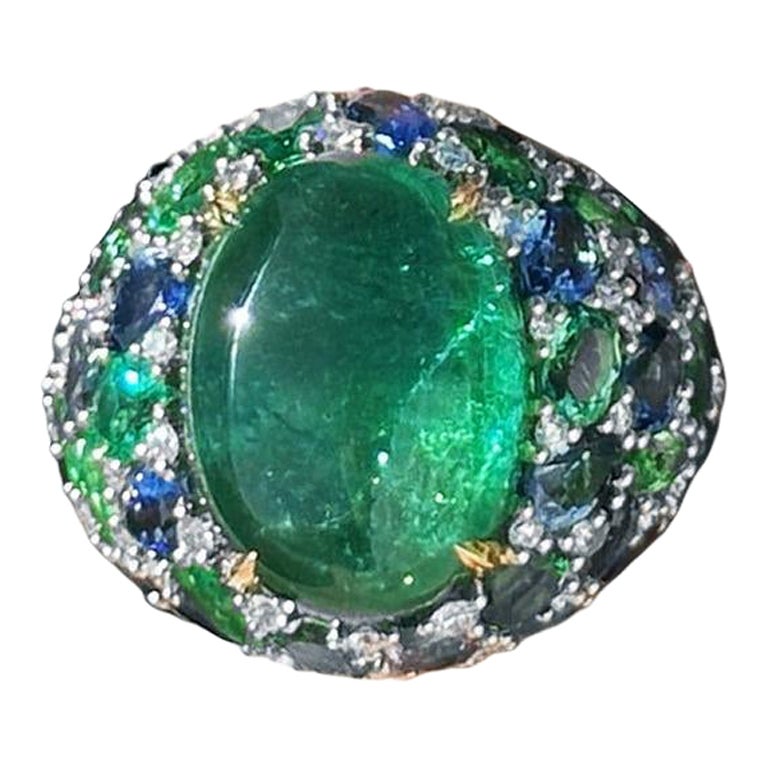 Remarkable Emerald Sapphire Diamond 18K Yellow Gold Ring For Her