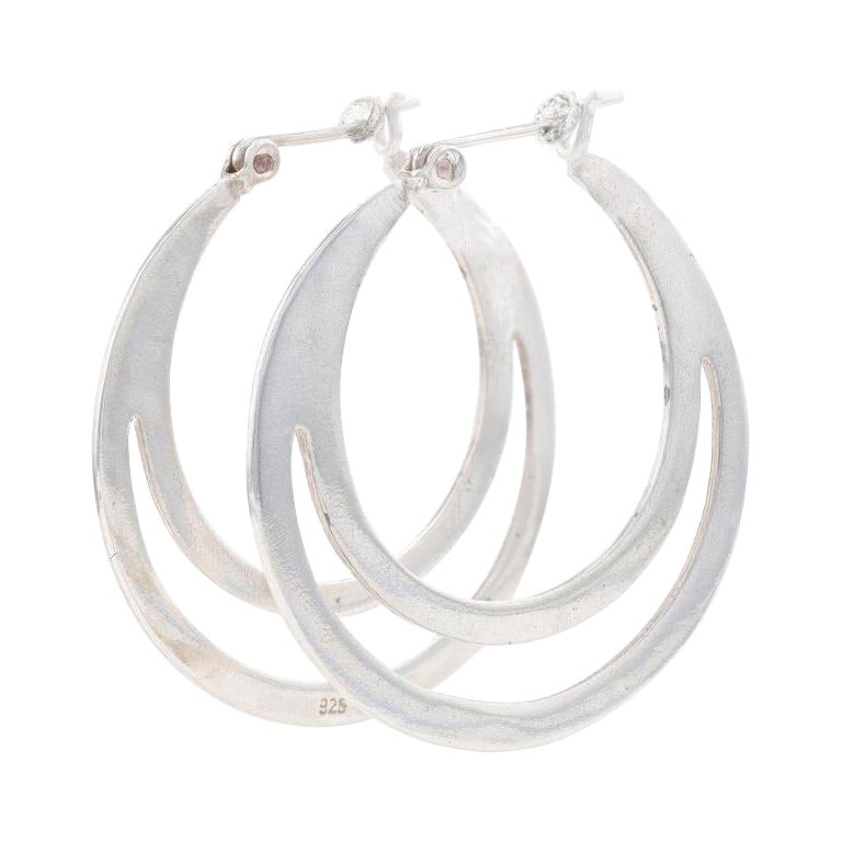 Sterling Silver Double Circle Hoop Earrings - 925 Crescent Pierced For Sale