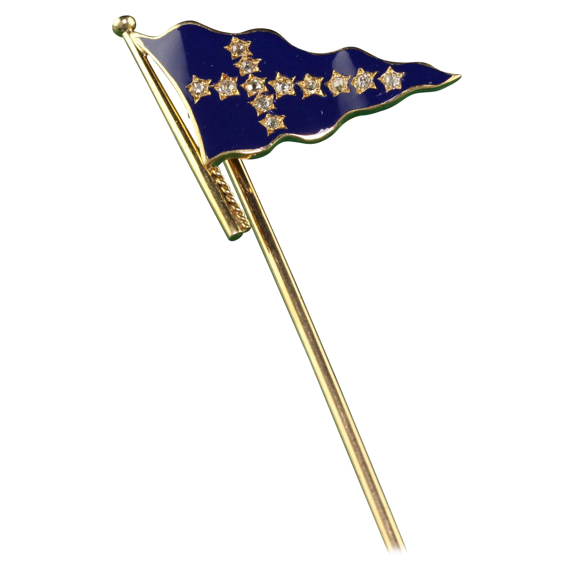 Antique Art Deco J.E Caldwell Blue Enamel Flag Stick Pin For Sale