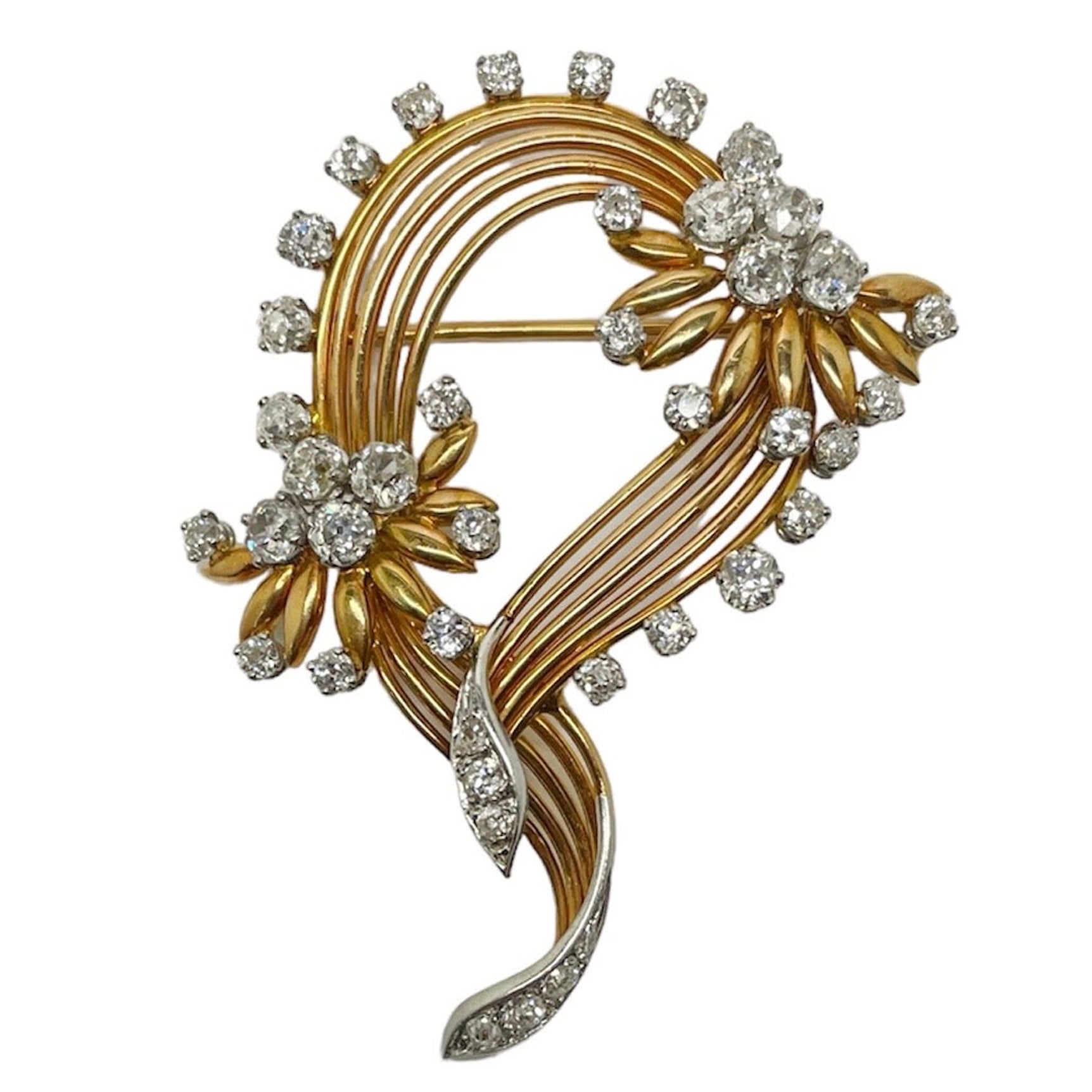 Retro French, 18K Yellow Gold, Platinum and Diamond Brooch For Sale