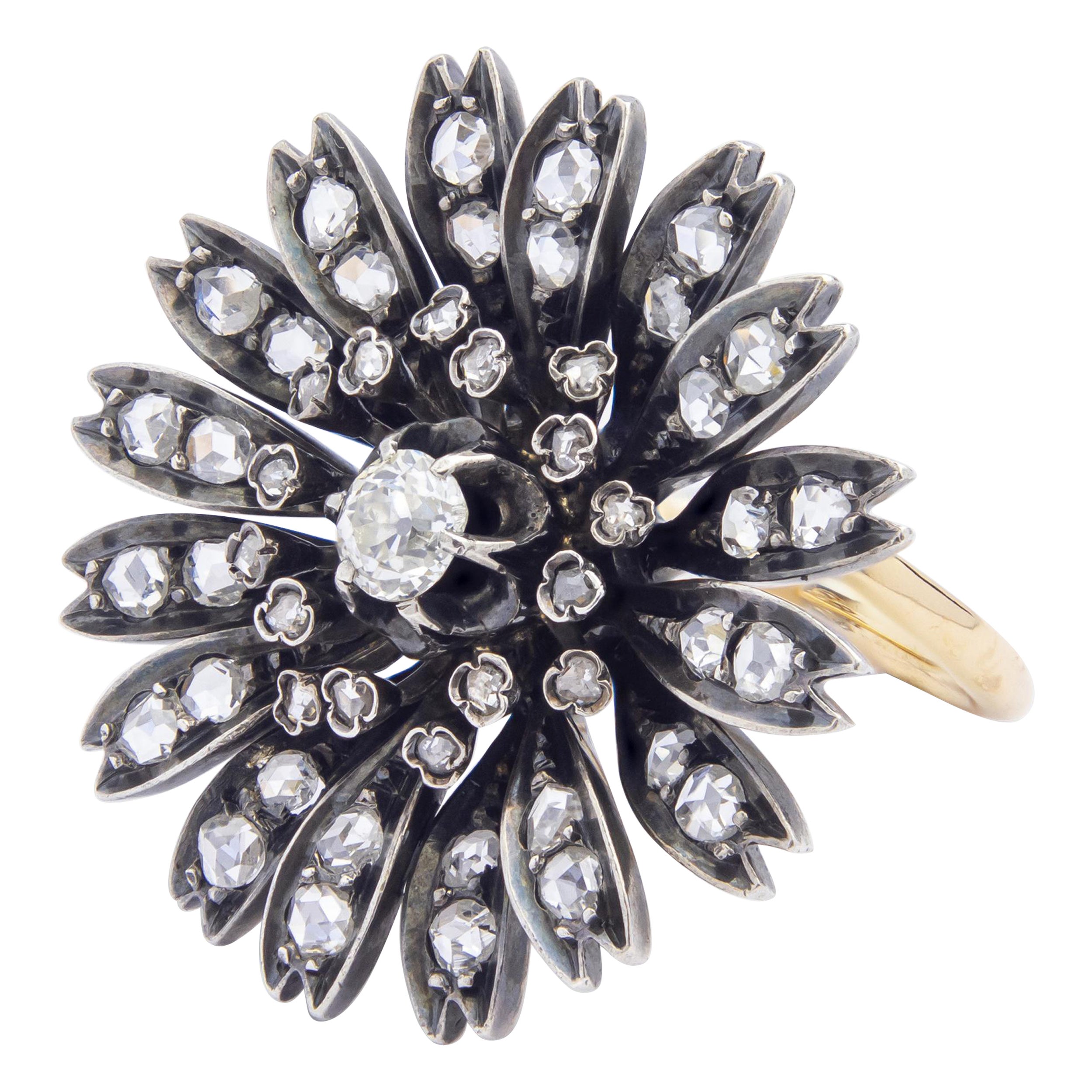 Antique Brooch Conversion Diamond Daisy Ring For Sale