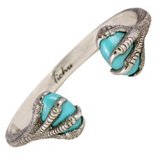 Tichu Turquoise Eagle Claw Cuff in Sterling Sliver and Crystal Quartz 'Size M'