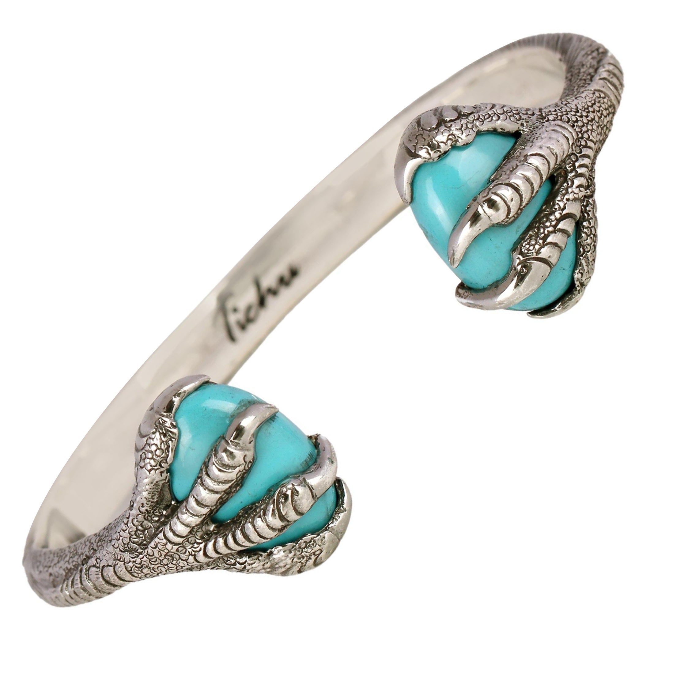 Tichu Turquoise Eagle Claw Cuff in Sterling Sliver and Crystal Quartz 'Size L' For Sale