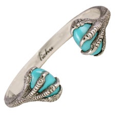Tichu Turquoise Eagle Claw Cuff in Sterling Sliver and Crystal Quartz 'Size L'