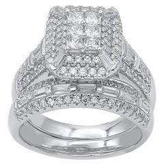TJD 1 1/2 carat Round, Baguette & Princesse Diamant coupe 14K or blanc Bridal Set