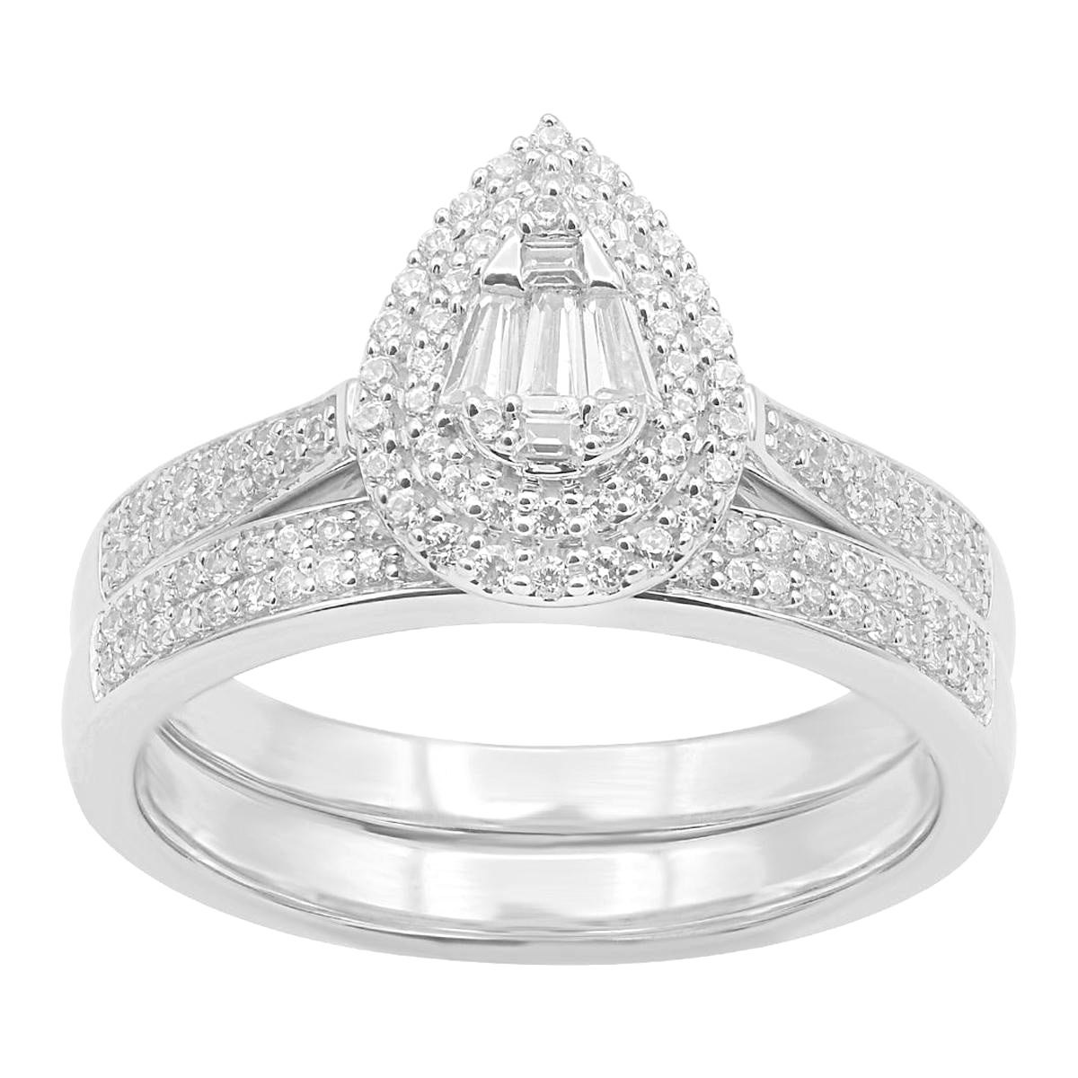 TJD 0.50 Carat Round and Baguette Diamond 14K White Gold Pear Shaped Bridal Set For Sale