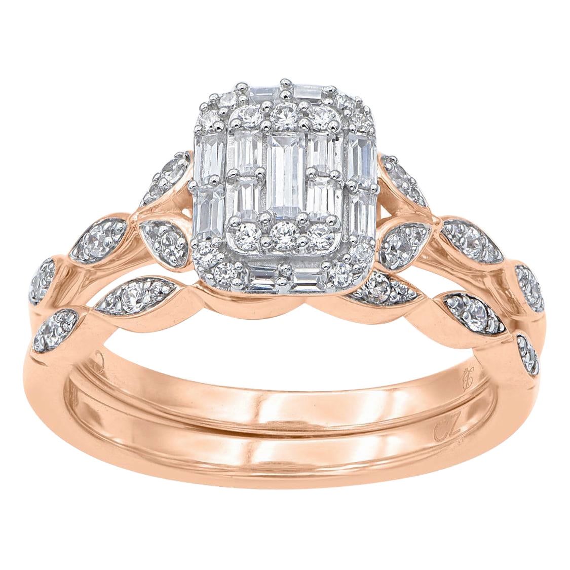 TJD 1/2Carat Round & Baguette Diamond 14K Rose Gold Petal Stackable Bridal Ring For Sale