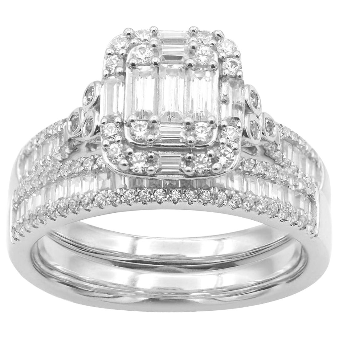 TJD 1.0 Carat Round & Baguette Diamond 14K White Gold Stackable Bridal Set Ring For Sale