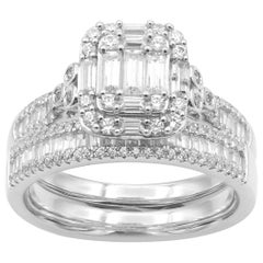 TJD 1.0 Carat Round & Baguette Diamond 14K White Gold Stackable Bridal Set Ring