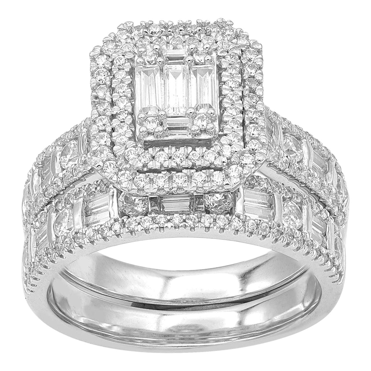 TJD 1.50 Carat Round and Baguette Diamond 14 Karat White Gold Bridal Set Ring For Sale