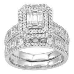 TJD 1.50 Carat Round and Baguette Diamond 14 Karat White Gold Bridal Set Ring