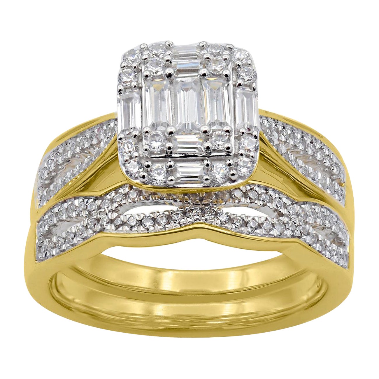 TJD 3/4 Carat Round & Baguette Diamond 14K Yellow Gold Stackable Bridal Set Ring For Sale