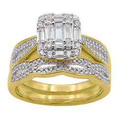 Bague de mariée empilable en or jaune 14 carats avec diamants ronds et baguettes de 3/4 carats TJD