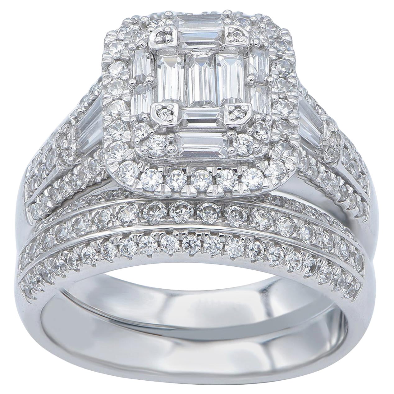 TJD 2Carat Round & Baguette Diamond 14 Karat White Gold Designer Bridal Ring Set For Sale