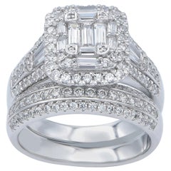 Used TJD 2Carat Round & Baguette Diamond 14 Karat White Gold Designer Bridal Ring Set