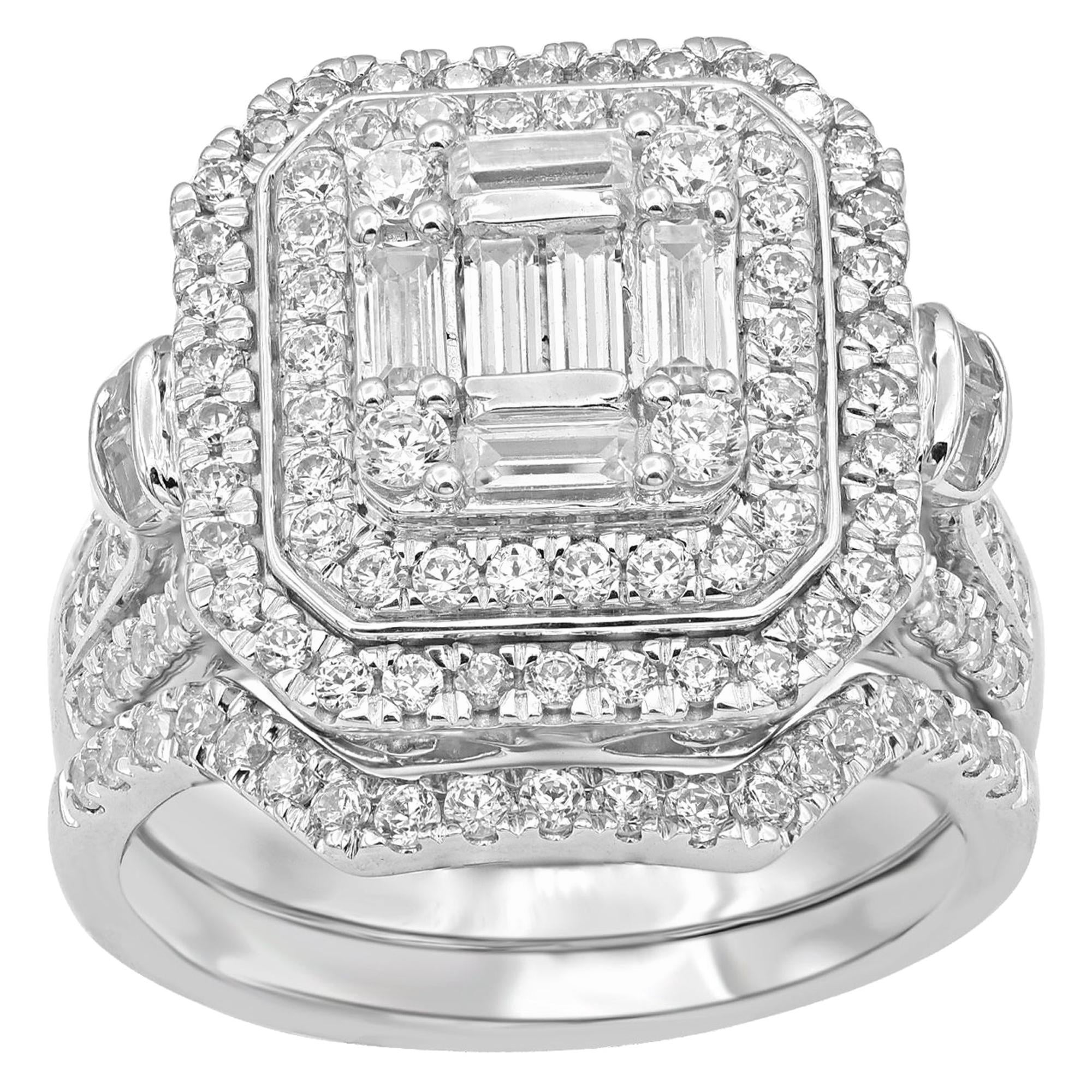 TJD 2 Carat Round & Baguette Diamond 14K White Gold Square Shape Bridal Ring Set For Sale