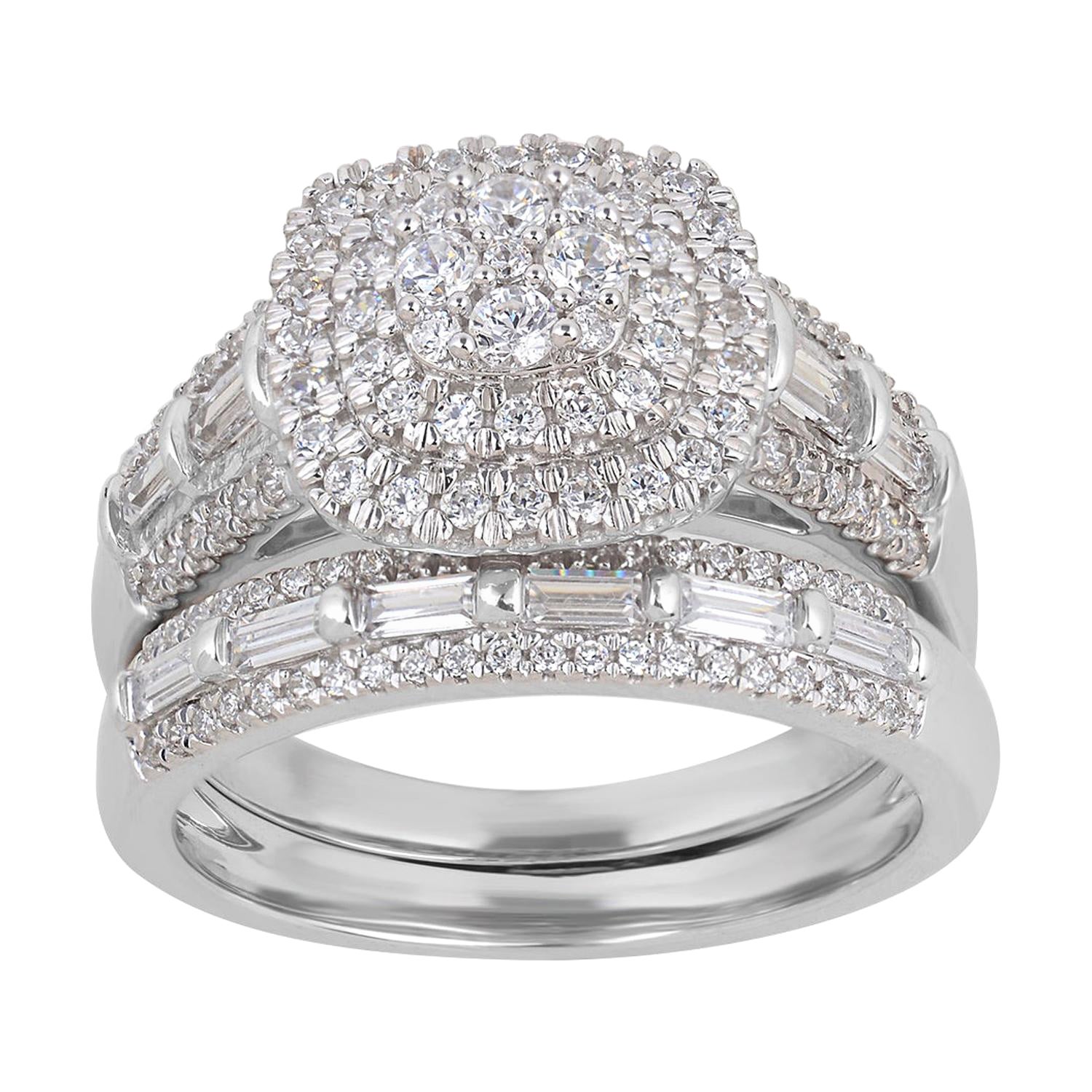 TJD 1 Carat Round & Baguette Diamond 14 Karat White Gold Cluster Bridal Ring Set For Sale