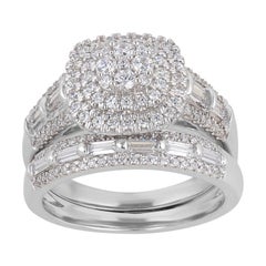 Used TJD 1 Carat Round & Baguette Diamond 14 Karat White Gold Cluster Bridal Ring Set