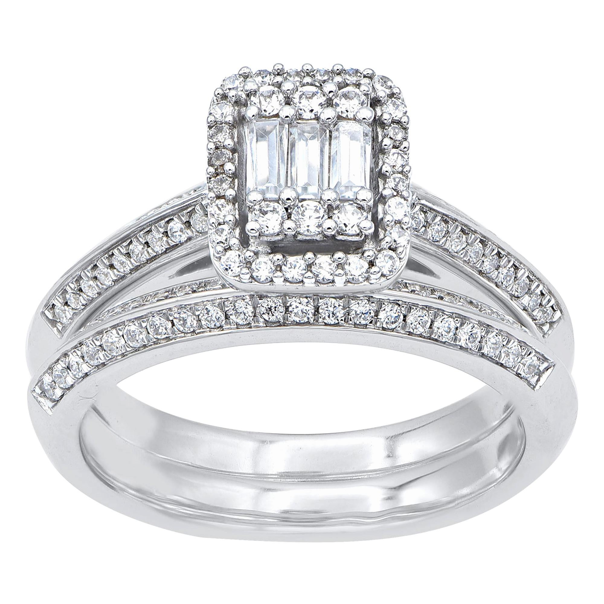 TJD 0.75 Carat Round and Baguette Diamond 14 Karat White Gold Bridal Ring Set For Sale
