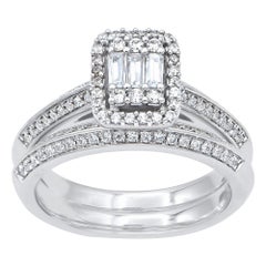 Used TJD 0.75 Carat Round and Baguette Diamond 14 Karat White Gold Bridal Ring Set