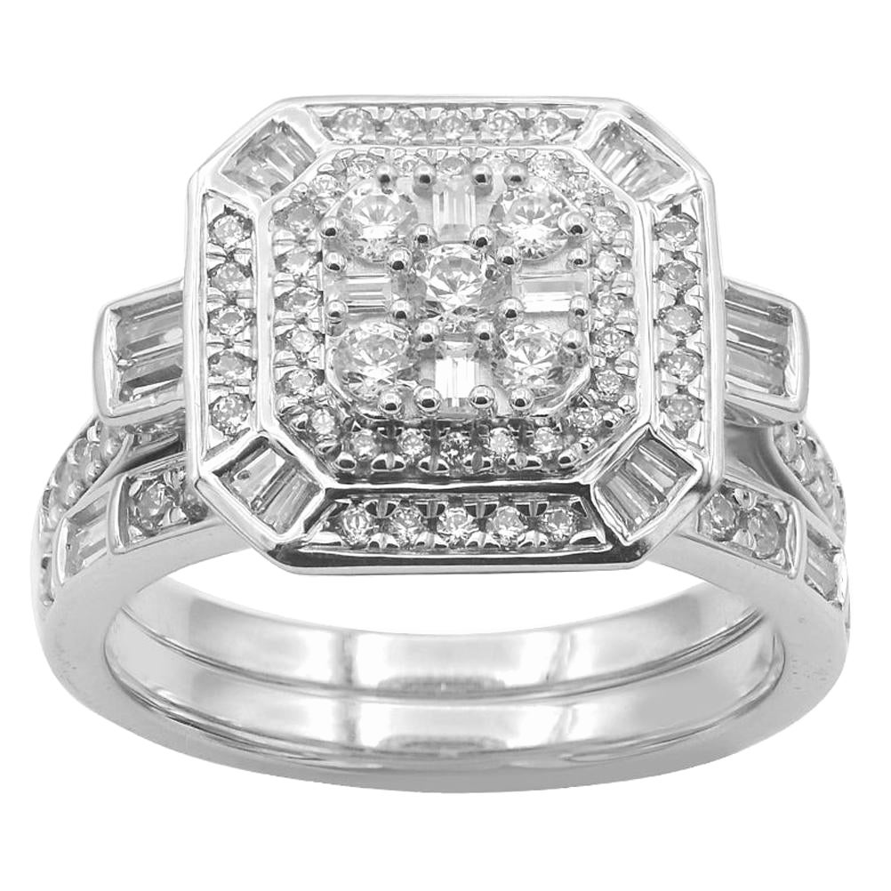 TJD 1.0 Carat Round & Baguette Diamond 14K White Gold Square Shaped Bridal Set For Sale