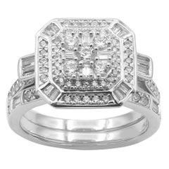 TJD 1.0 Carat Round & Baguette Diamond 14K White Gold Square Shaped Bridal Set