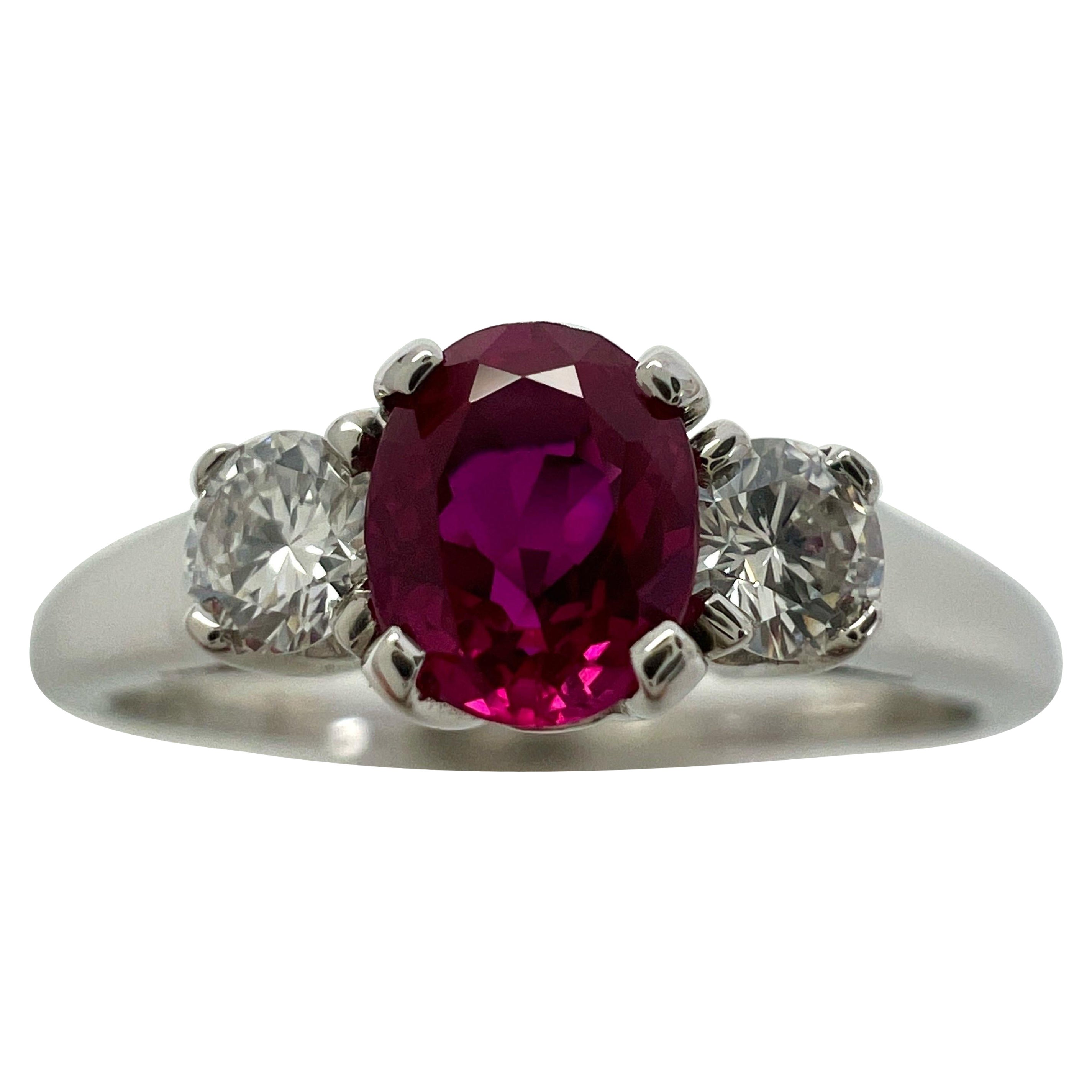 Vintage Tiffany & Co Oval Cut Pink Red Ruby & Diamond Platinum Three Stone Ring For Sale