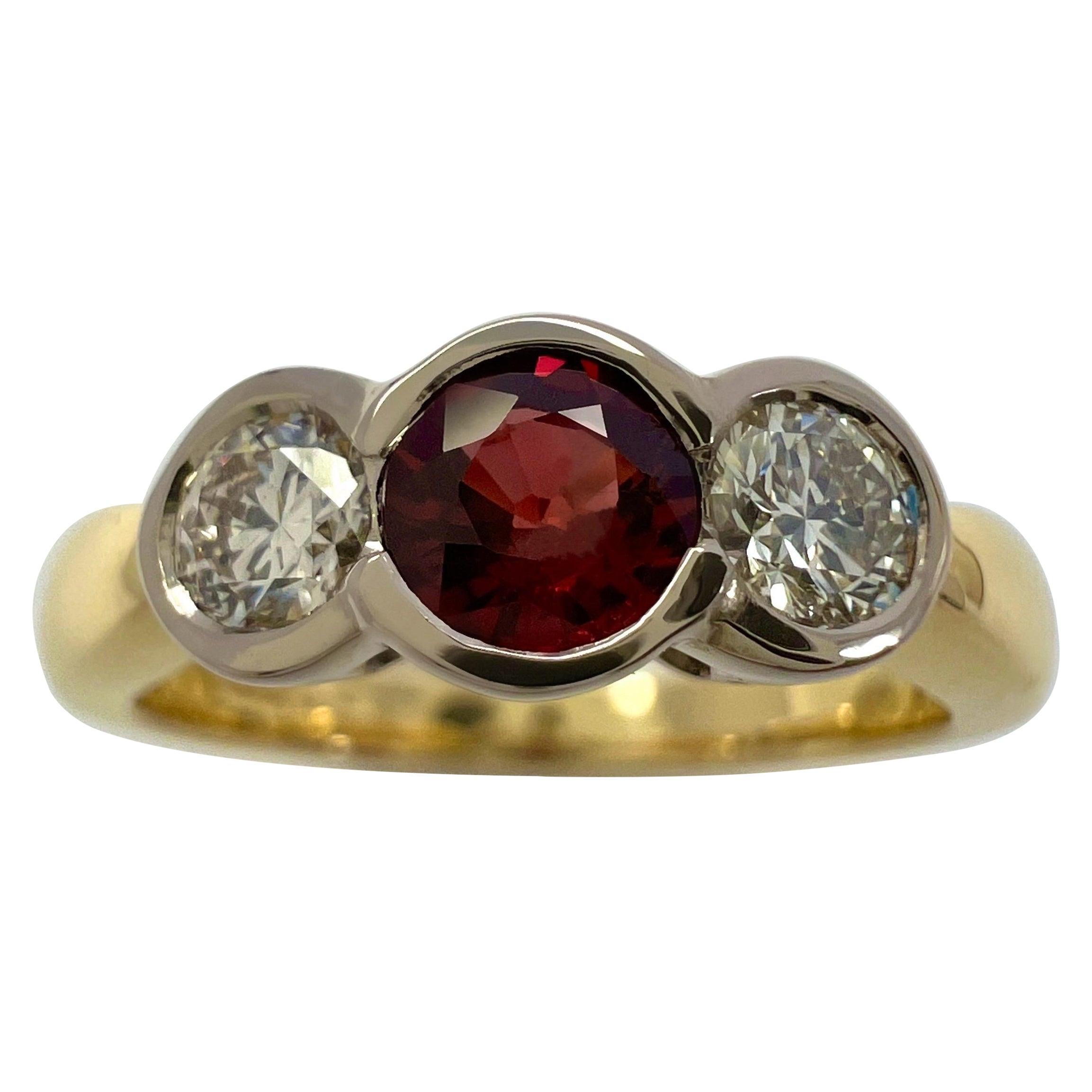IGI Certified Untreated Ruby And Diamond 18k Gold Three Stone Bezel Rubover Ring For Sale
