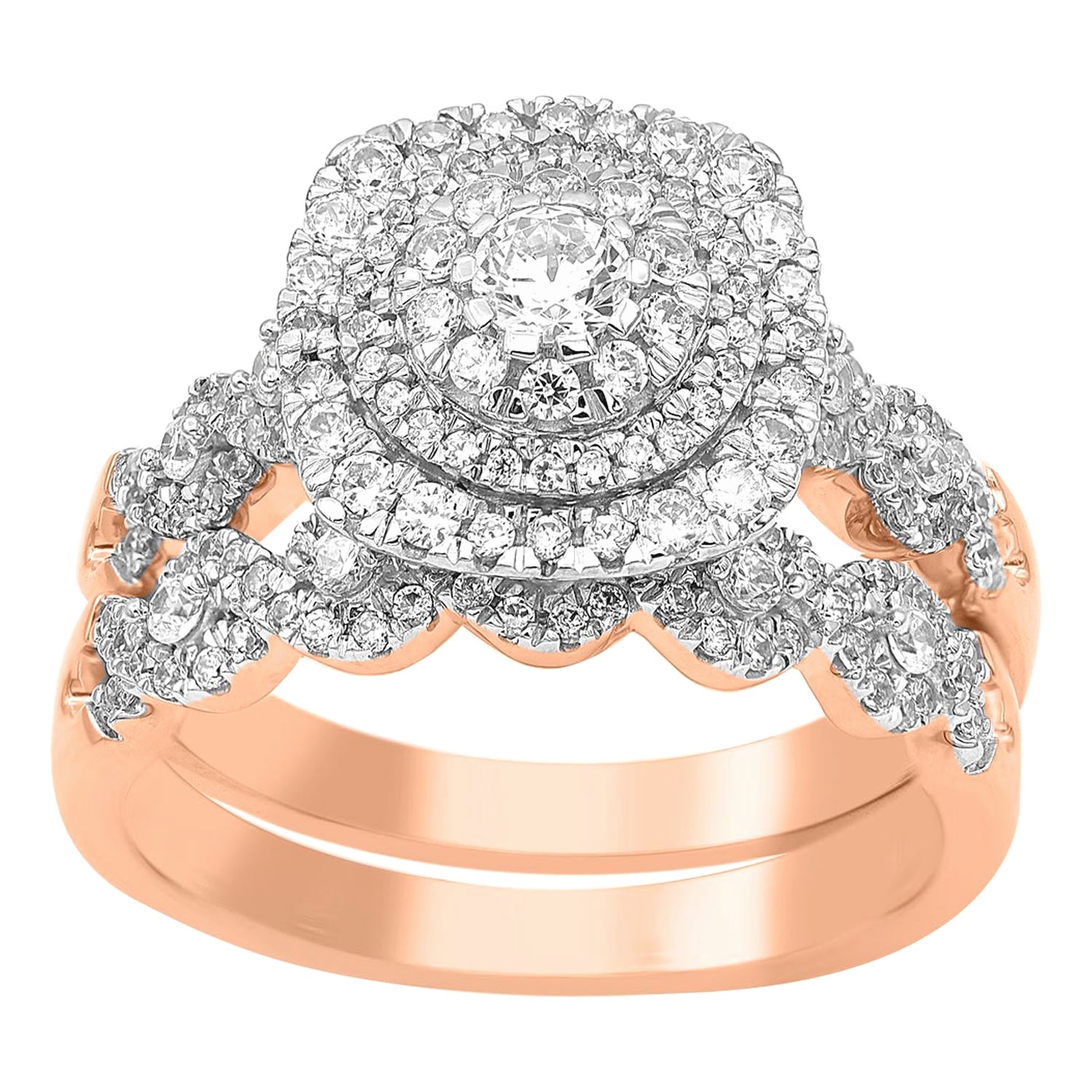 TJD 1.0 Carat Round Diamond 14 Karat Rose Gold Halo Cluster Bridal Set Ring For Sale
