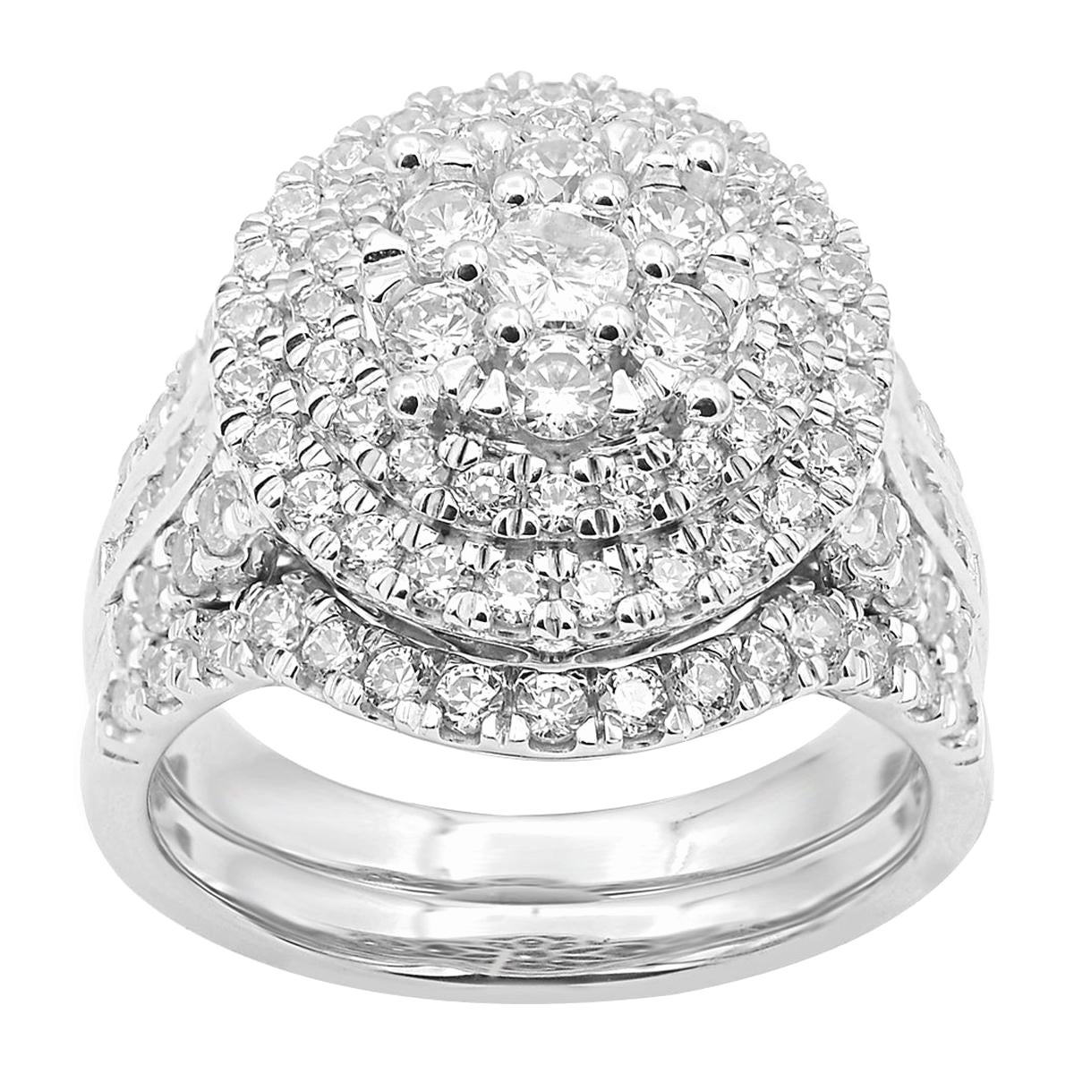 TJD 2.0 Carat Round Diamond 14K White Gold Double Halo Cluster Bridal Ring Set For Sale