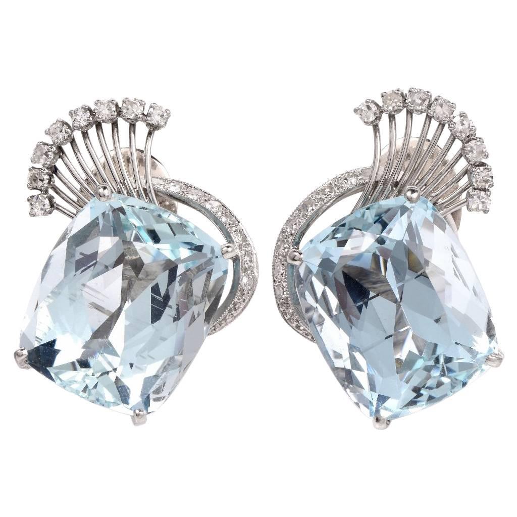 Retro Aquamarine Diamond Platinum Clip-Back Earrings