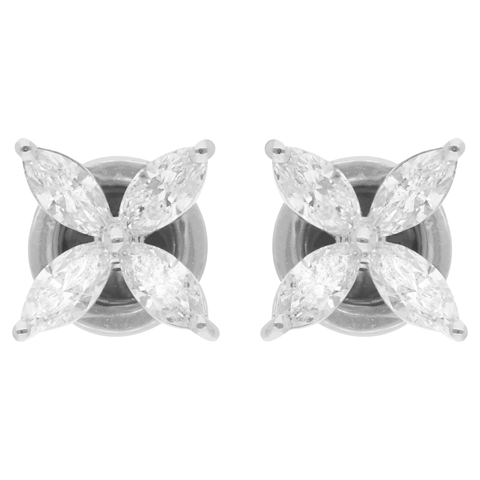 Clous d'oreilles fleur en or blanc 18 carats avec diamants taille marquise de 0,91 carat en vente