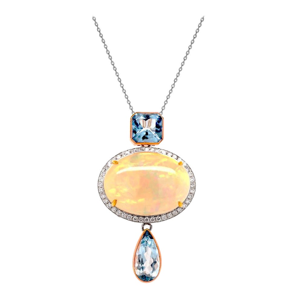 Fei Liu 10.58ct Opal, Diamond and Aquamarine 18 Karat White Gold Pendant For Sale