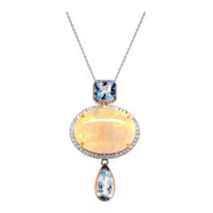 Fei Liu 10.58ct Opal, Diamond and Aquamarine 18 Karat White Gold Pendant