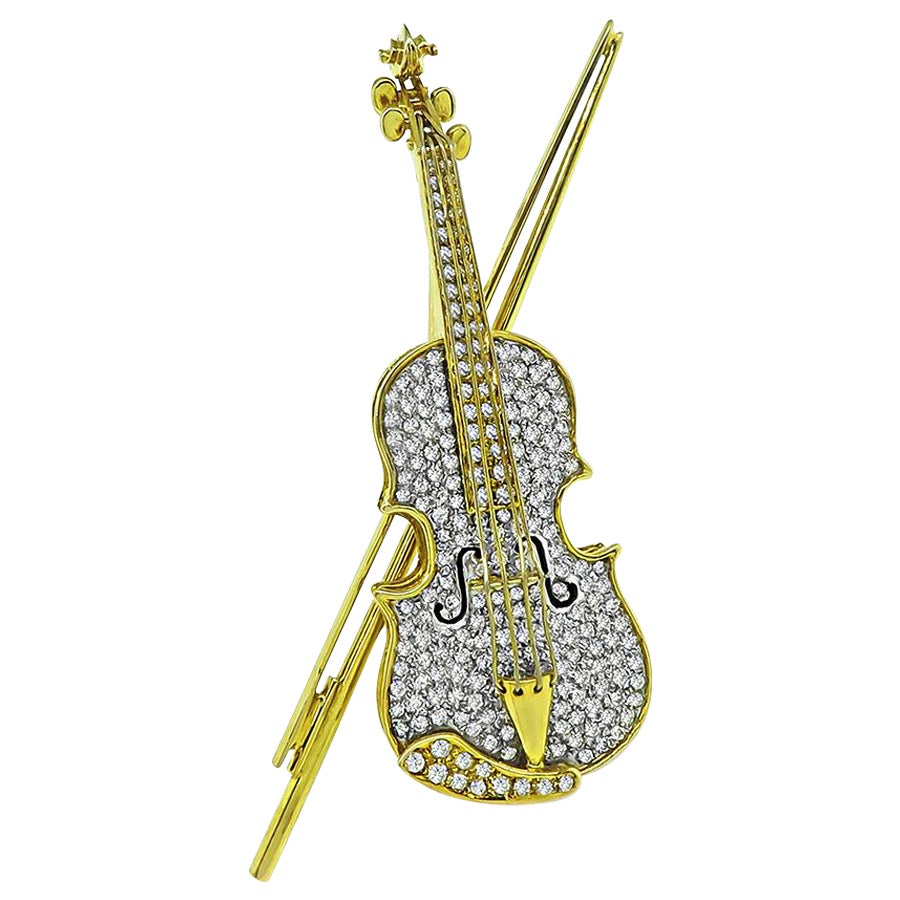 Vintage 3.50ct Round Cut Diamond Gold Enamel Violin Pin For Sale